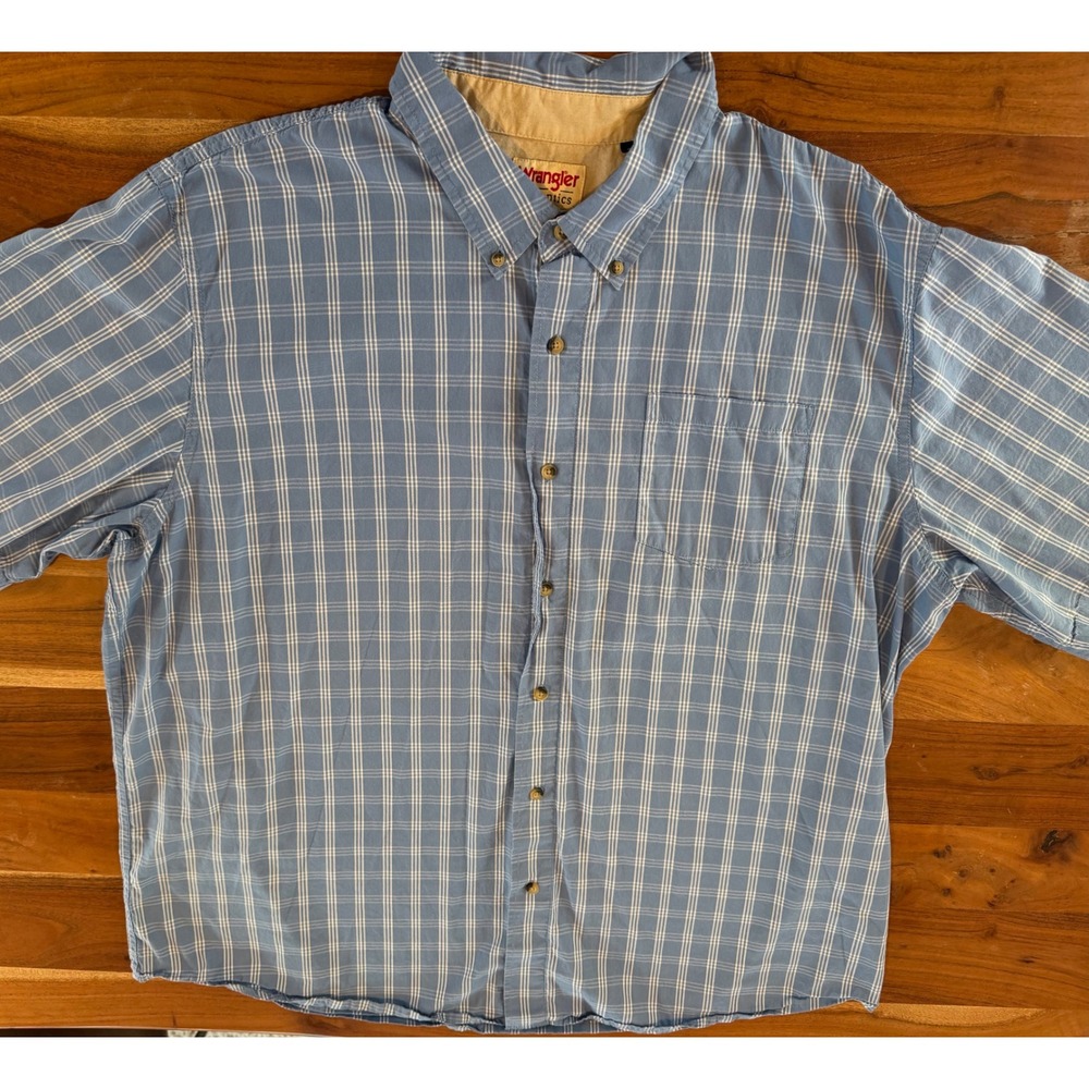 Wrangler Authentics Mens 2XL Blue Plaid Shirt Short Sleeve 100% Cotton Button Up